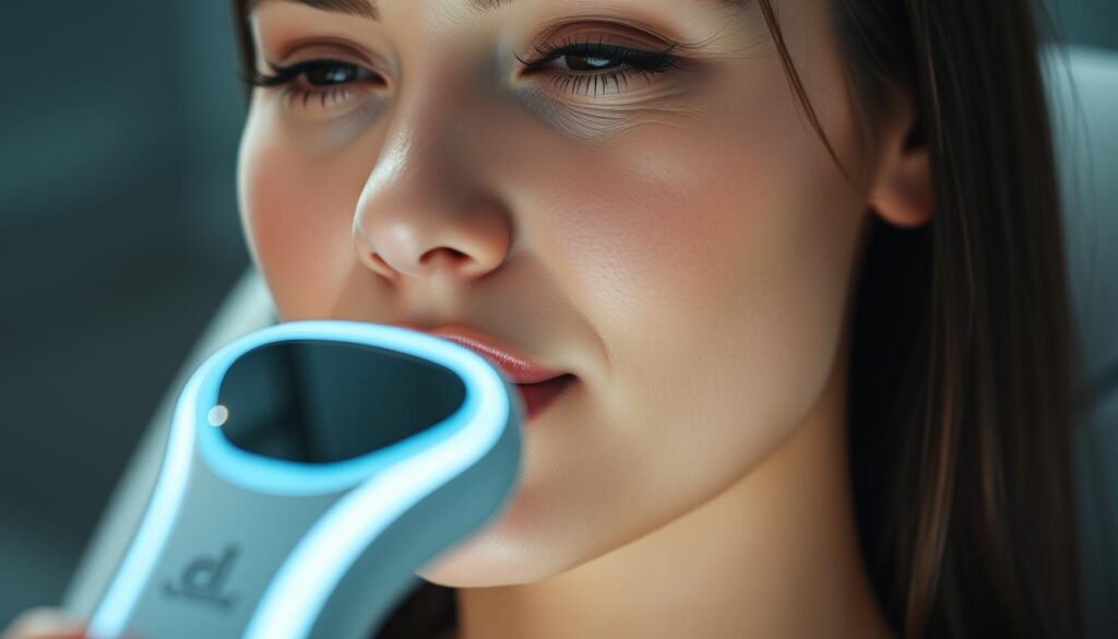 A detailed close-up shot of a woman's face, showcasing the Glowin Beaute &quot;OligioX 原美電波療程&quot; technology. Soft, even lighting illuminates her youthful, glowing complexion, free of any signs of redness or irritation. The skin appears smooth and radiant, with a subtle, healthy sheen. In the middle ground, a sleek, futuristic-looking device is visible, its elegant design hinting at the advanced, non-invasive nature of the treatment. The background is blurred, creating a sense of focus and emphasis on the woman's serene, confident expression, conveying the effortless benefits of the &quot;無需復原期&quot; procedure.