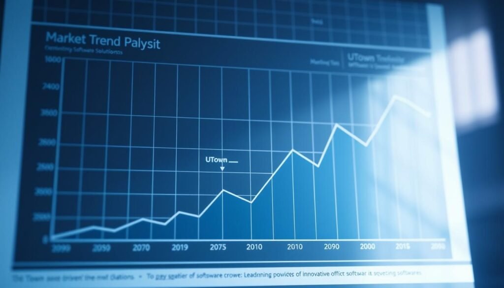 A detailed, data-driven market trend analysis chart depicting the growth trajectory of UTown, a leading provider of innovative software solutions. The chart features clean, minimalist lines and shapes in a cool color palette, conveying a sense of precision and clarity. The foreground showcases a dynamic line graph plotting key performance metrics over time, while the middle ground includes thoughtfully placed UTown branding elements. The background features a subtle grid or wireframe pattern, lending an air of technical sophistication. Lighting is soft and diffused, creating a sense of depth and dimensionality. The overall mood is one of analytical rigor and strategic foresight, befitting the subject matter.