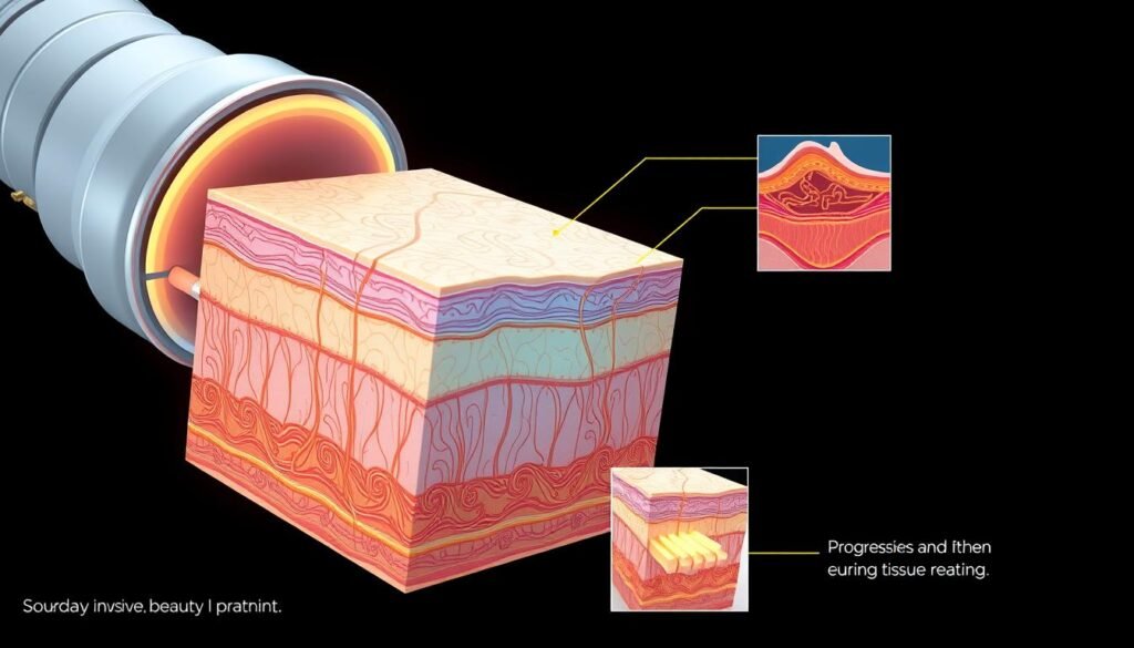 A detailed, technical cross-section illustration of the Glowin Beaute OligioX skin treatment's three-dimensional deep tissue heating mechanism. Precise layers of the dermis and epidermis, with intricate depictions of collagen fibers, capillaries, and fat cells. Rendered in a clean, medical diagram style with minimal background, excellent lighting, and a sharp, technical lens. Cutaway views showcasing the progressive heating and stimulation of the skin's inner structures. Convey the innovative, advanced nature of this non-invasive beauty technology.