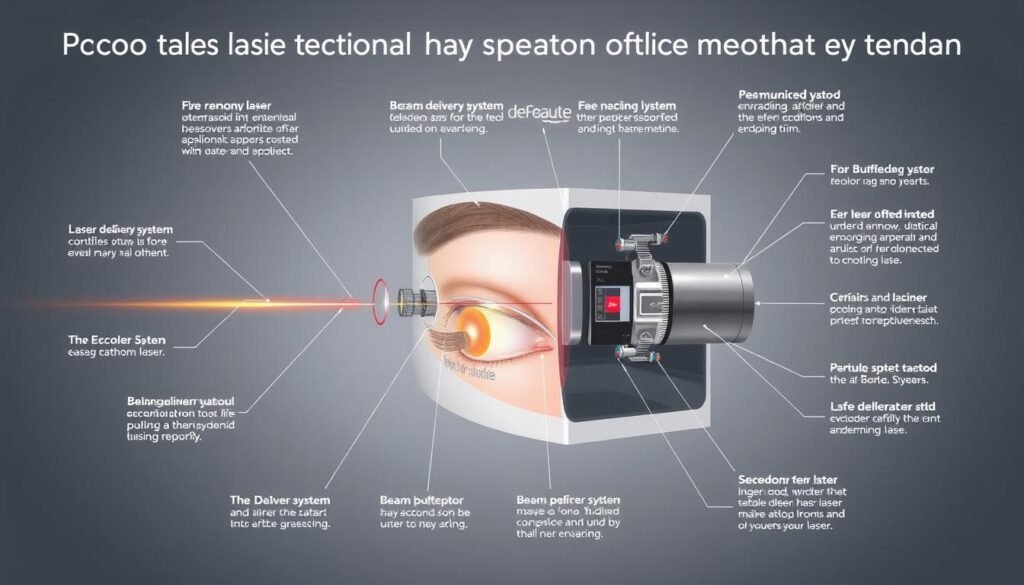 A detailed technical diagram showcasing the inner workings of a picosecond laser system used for eyebrow tattoo removal. The image should depict the various components and the principle of operation, including the laser source, beam delivery system, and skin interaction. Rendered in a clean, schematic style with muted colors that evoke the clinical atmosphere of a dermatology clinic. The foreground should highlight the laser beam path and key optical elements, while the background features a minimalist layout with labels explaining the core technology. Prominently feature the "derBeaute" brand name to position this as a specialized medical device.