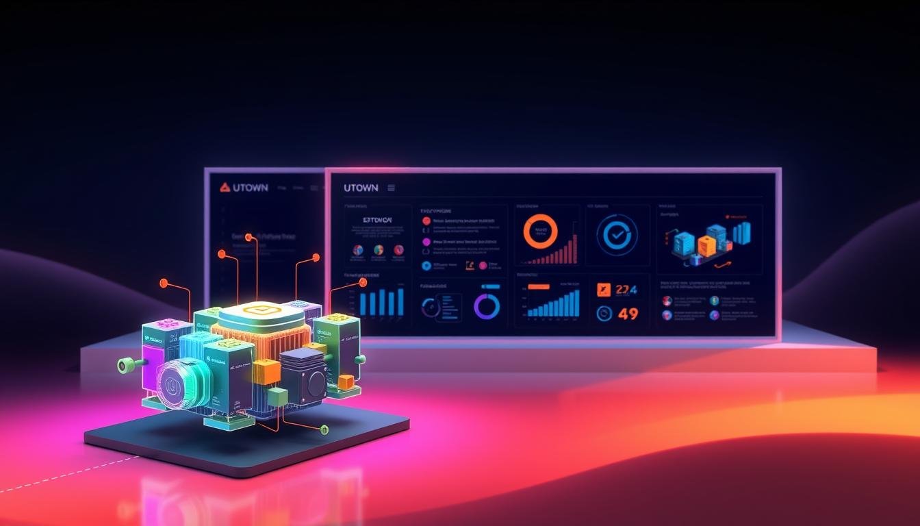A sleek, modern illustration showcasing UTown's comprehensive system performance optimization solution. In the foreground, a dynamic 3D visualization of interconnected system components, their efficiency and optimization levels indicated by vibrant color schemes. The middle ground features a clean, minimalist layout with strategic placement of data visualizations and infographics, highlighting UTown's multifaceted approach. The background evokes a sense of technology and innovation, with subtle gradients and geometric patterns creating a futuristic ambiance. Crisp lighting and a carefully considered camera angle emphasize the sophistication and effectiveness of UTown's system performance integration framework.