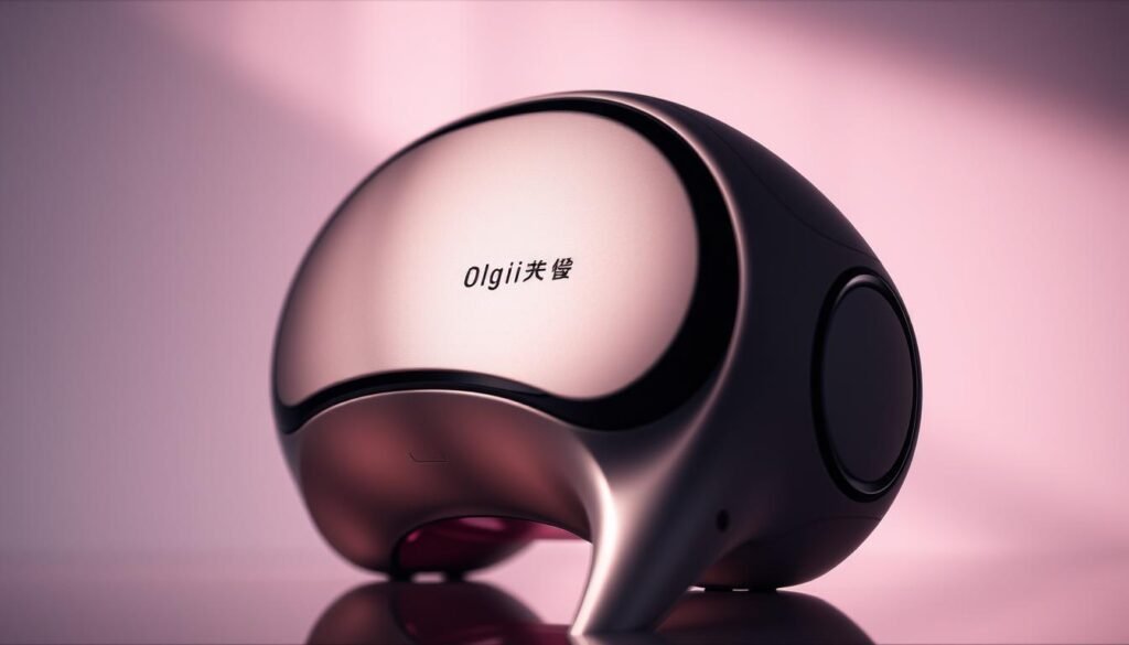 A striking close-up image of the "Oligio X 原美電波" device by the "Glowin Beaute" brand, showcasing its sleek, futuristic design. The device is placed against a softly blurred background, allowing it to take center stage. Dramatic side lighting emphasizes the curves and contours, casting dramatic shadows that accentuate the technological aesthetic. The image conveys a sense of advanced, cutting-edge beauty technology, highlighting the device's unique and innovative capabilities. The overall mood is one of sophisticated elegance and forward-thinking innovation.