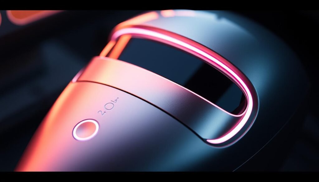 An artistic, high-quality close-up of the Glowin Beaute "Oligio X 原美電波効果" beauty device, showcasing its sleek, futuristic design and advanced technological features. The device is rendered with intricate details, showcasing its smooth metallic surface, precision controls, and soft LED lighting. The image is shot with a shallow depth of field, placing the device in sharp focus and rendering the background in a soft, blurred aesthetic. The lighting is dramatic, creating a moody, high-contrast atmosphere that accentuates the device's premium, cutting-edge appearance, suggesting its transformative power in the field of advanced cosmetic treatments.