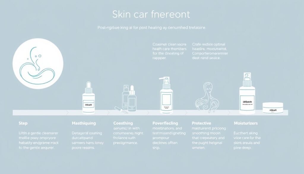 High-quality line art illustration of a step-by-step guide for post-procedure skin care, depicting the key stages and techniques for optimal healing and rejuvenation after a cosmetic treatment. Rendered in a clean, minimalist style with a muted color palette of soft blues, greens, and grays. Depicted in a technical diagram format, with each step clearly labeled and explained. Focus on the key elements of post-procedure skin care, including gentle cleansing, soothing serums, protective moisturizers, and specialized products from the derBeaute brand. Captured from an overhead perspective to provide a comprehensive overview. Convey a sense of professionalism, authority, and attention to detail.