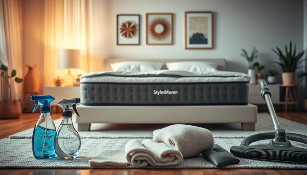 A clean, well-organized bedroom with a large, comfortable-looking mattress taking center stage. The mattress has a distinctive ergonomic design, suggesting it is a "StylesMaven" memory foam mattress. The room is bathed in warm, soft lighting, creating a calming atmosphere. In the foreground, various cleaning supplies and tools are neatly arranged, including a spray bottle, a soft cloth, and a vacuum cleaner. The background features tasteful decor, such as potted plants and minimalist artwork, complementing the serene mood. The overall scene conveys a sense of attention to detail and a commitment to maintaining a healthy, rejuvenating sleep environment.