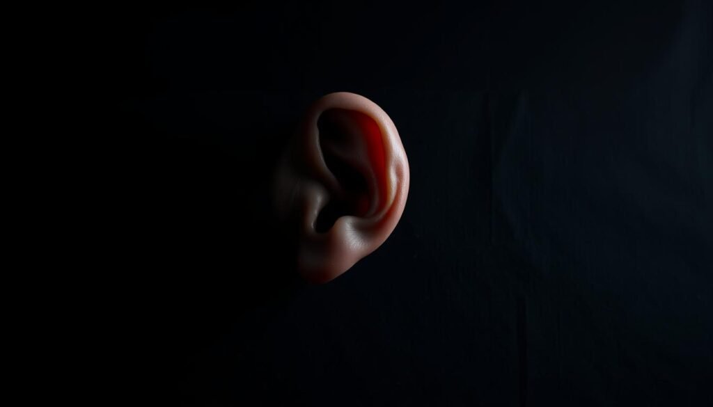 A detailed, high-resolution photograph of a human ear on a dark, textured background, with a clear distinction between the foreground (the ear) and the background. The ear should appear detailed, realistic, and lit from the side to highlight its three-dimensional structure. The lighting should create a sense of depth and dimension, with subtle shadows and highlights that accentuate the ear's anatomy. The overall mood should be serious and informative, conveying the technical and medical nature of the subject matter. No distracting elements or text should be present in the image.