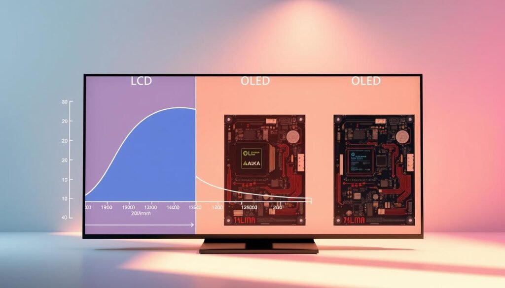 A detailed technical comparison of the brightness characteristics of different display types, including LCD, OLED, and Aloha display panels. The foreground shows a side-by-side comparison of the brightness curves, with clear labeling and measurements. The middle ground depicts the internal components and technology that enable the varying brightness levels. The background features a clean, minimalist design with soft gradients to create a professional, informative atmosphere. Precise lighting and camera angles highlight the technical details and accentuate the visual comparison.