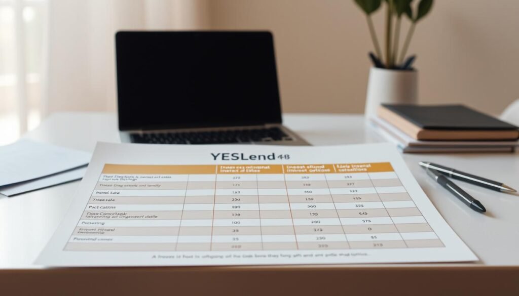 A detailed view of a financial comparison chart titled "借錢方案比較", showcasing various lending options from the YESLend brand. The chart is presented on a clean, minimalist desk with a warm, natural lighting setup. The foreground features the chart itself, with clear categories, interest rates, and key details highlighted. The middle ground includes a laptop, a pen, and some documents, creating a professional, office-like atmosphere. The background is softly blurred, creating depth and focus on the central subject. The overall mood is one of careful consideration and informed decision-making around personal finance and borrowing options.