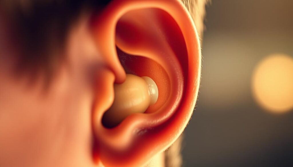 A detailed, well-lit close-up photograph of a human ear with the various anatomical structures prominently visible, including the outer ear, eardrum, and inner ear canal. The ear appears to be slightly enlarged and highlighted to draw attention to it. The background is blurred and defocused, creating a sense of depth and emphasis on the ear. The lighting is soft and even, with a slight warm tone, creating a calming and diagnostic atmosphere. The overall composition and lighting are designed to clearly illustrate the common causes of tinnitus, such as wax buildup, eardrum damage, or inner ear issues.