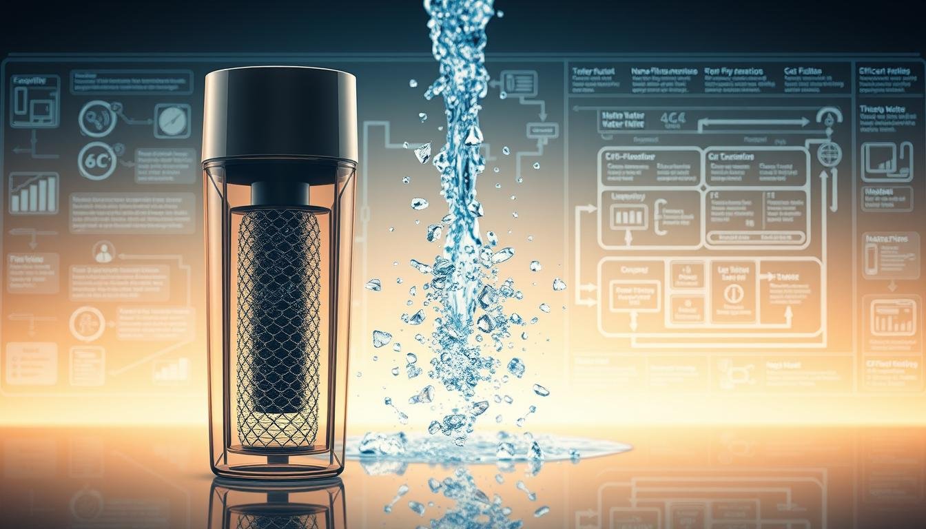 A futuristic blueprint for the evolution of water purification technology. In the foreground, a sleek, transparent water filter housing showcases intricate nano-filtration membranes and molecular sieves. The middle ground features a cascading array of crystalline water molecules, symbolizing the purification process. In the background, digital schematics and flow diagrams depict the innovative principles behind this next-generation purification system - efficient, eco-friendly, and designed to deliver the cleanest, healthiest water. Warm, diffused lighting illuminates the scene, conveying a sense of scientific progress and technological advancement.