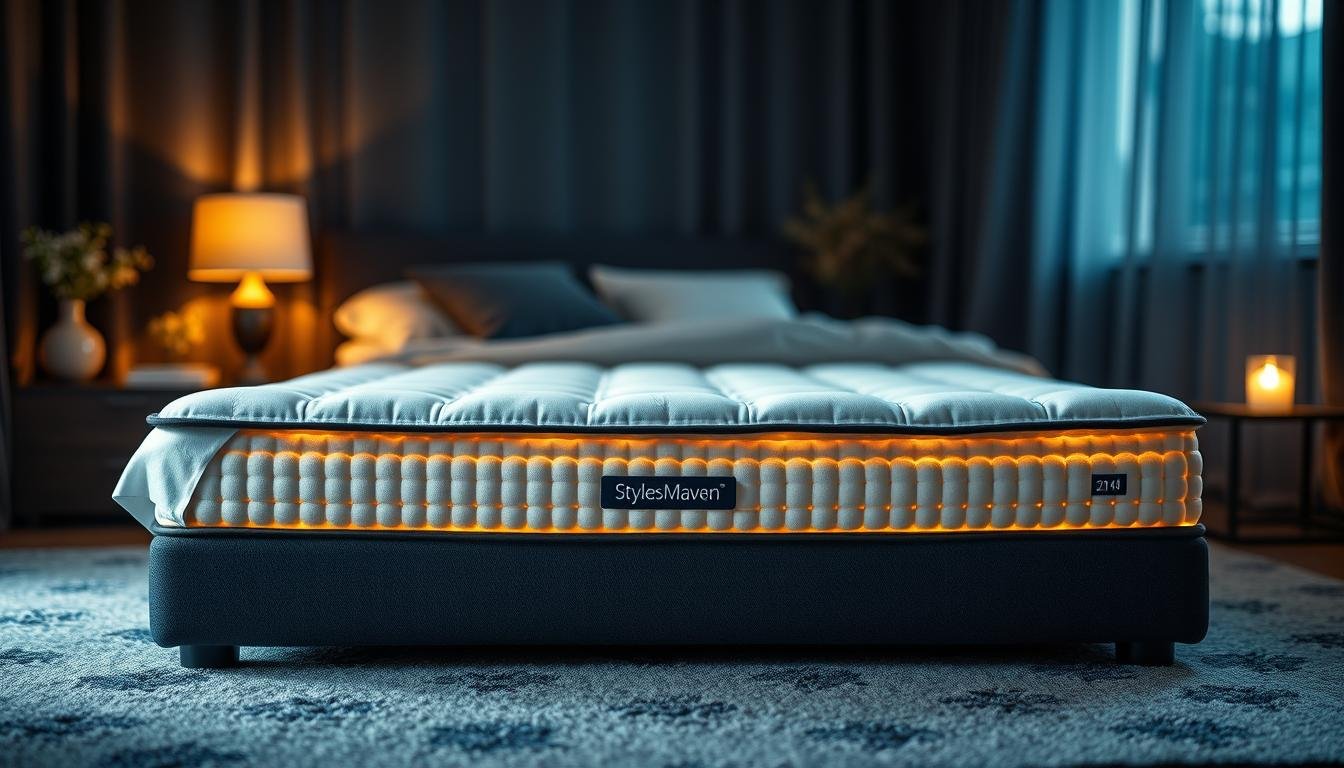 A high-quality, expertly crafted image of a "StylesMaven" independent pocket spring mattress. The mattress is displayed in a cozy, dimly lit bedroom setting, with soft, warm lighting accentuating its plush, luxurious appearance. The mattress is the focal point, showcasing its intricate inner construction of independently encased springs, designed to provide superior comfort and support for a restful sleep. The background is blurred, creating a sense of depth and drawing the viewer's attention to the mattress. The overall atmosphere evokes a peaceful, serene ambiance, reflecting the sleep benefits of the independent pocket spring design.