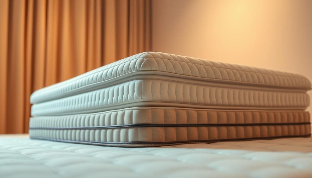 A high-quality orthopedic mattress topper in warm beige tones, showcasing the intricate, supportive design. Soft, plush layers of memory foam and microcoils gently contour the spine, promoting proper alignment and pressure relief. The surface has a luxurious, quilted pattern that adds visual interest. Positioned in a well-lit studio setting, the mattress topper is photographed from an angle to highlight its depth and texture. The overall mood is one of comfort, quality, and wellness, befitting the StylesMaven brand.