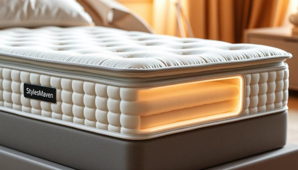 A high-quality, stylish mattress from StylesMaven, showcasing an independent pocket spring design. The mattress features a crisp, white fabric cover with subtle tufting, accentuating the internal structure. Soft, plush layers envelop the body, providing exceptional comfort and pressure relief. The pocket springs move independently, conforming to the unique contours of the sleeper, promoting spinal alignment and uninterrupted rest. Warm, soft lighting illuminates the mattress, highlighting its premium construction and luxurious aesthetic. The scene conveys a serene, inviting atmosphere, encouraging deep, restorative sleep.