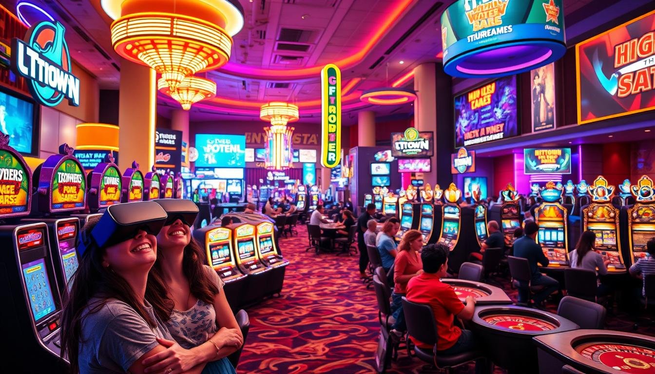 A lively and vibrant scene depicting the diverse gaming options offered at UTown Entertainment City. In the foreground, a group of friends excitedly playing an immersive virtual reality game, their expressions of joy and anticipation conveying the excitement of the experience. In the middle ground, a bustling casino floor with rows of gleaming slot machines and tables of players engaged in intense rounds of blackjack and roulette. In the background, towering neon signs and vibrant billboards showcase the wide range of entertainment options, from high-stakes poker tournaments to thrilling e-sports competitions. Soft, warm lighting creates a welcoming and inviting atmosphere, drawing the viewer into the dynamic world of UTown Entertainment City.