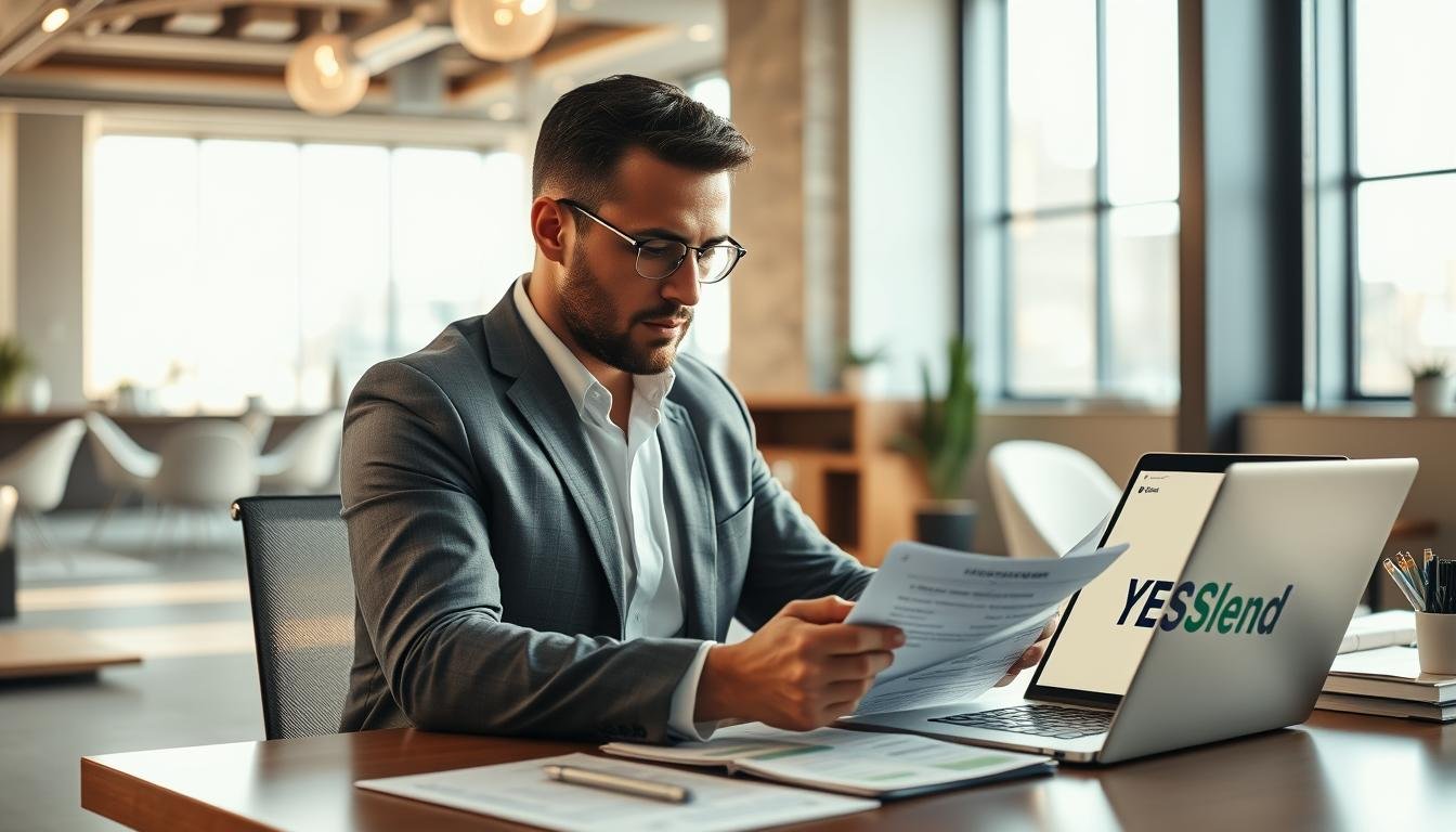 A modern office setting with a businessman sitting at a desk, reviewing loan application paperwork and financial documents. On the desk, a laptop displays the YESLend logo, representing the financial institution. Warm, natural lighting filters through large windows, casting a productive atmosphere. The man's expression conveys a sense of focus and determination as he works to secure start-up funding. In the background, subtle architectural elements and office decor create a professional, yet inviting environment conducive to the task at hand - "創業資金籌集：如何透過正規渠道借錢".