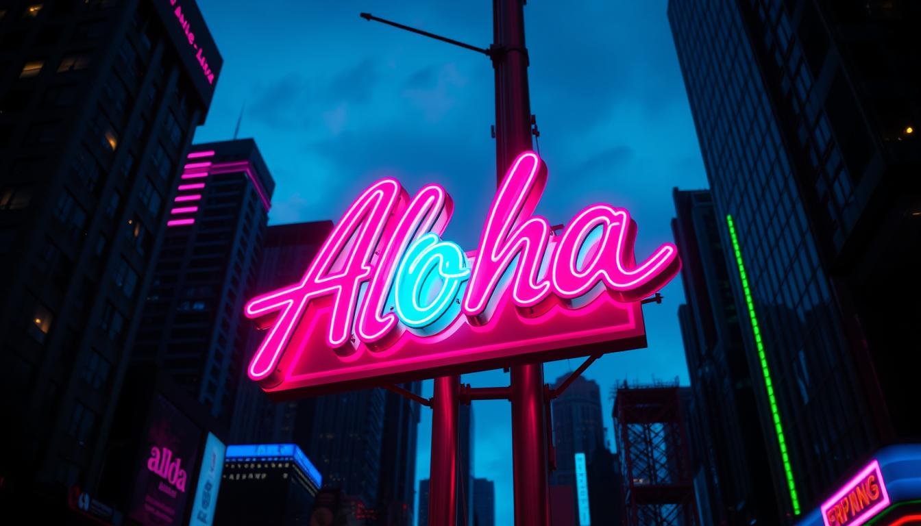 A neon-lit cityscape at dusk, the Aloha brand sign glowing brightly against a backdrop of towering skyscrapers. Vibrant hues of pink, blue, and green cast a mesmerizing glow, illuminating the sleek, glossy surfaces of the neon tubes. The scene is sharp and detailed, with a focus on the intricate textures and materials of the neon signage. The lighting is dramatic, creating deep shadows and highlights that accentuate the three-dimensional nature of the neon elements. The overall mood is one of energy, modernity, and urban sophistication.
