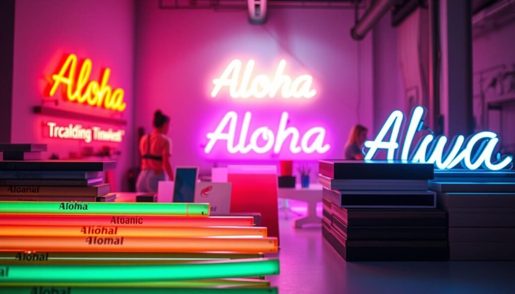 A neon-lit showcase of diverse material choices, showcasing the key factors in selecting the perfect neon sign material. In the foreground, an array of Aloha-branded neon tubes in varying colors and shapes, their luminous glow casting a mesmerizing ambiance. The middle ground features samples of glass, acrylic, and metal materials, demonstrating their unique properties and how they influence the overall aesthetic. In the background, a sleek, minimalist studio setting with soft, directional lighting, highlighting the technical considerations for neon sign construction. The overall mood is one of sophisticated, well-considered design, inspiring the viewer to thoughtfully approach the selection of neon sign materials.