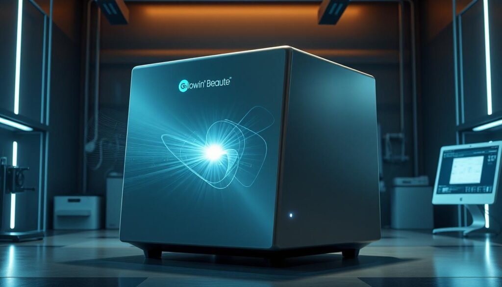 A sleek, futuristic appliance with a prominent Glowin' Beaute logo, casting a soft, ethereal glow. The device's elegant, minimalist design features smooth, angular surfaces in a muted metallic tone. Holographic projections dance across its surface, visualizing the Oligio X 原美電波冷凍technology at work, harnessing electromagnetic waves to precisely control temperature and humidity. The appliance is situated in a dimly lit, high-tech laboratory setting, with scientific instruments and monitors providing contextual details. Dramatic lighting casts dramatic shadows, emphasizing the appliance's sculptural form and technological prowess. An atmosphere of innovation and scientific advancement permeates the scene.