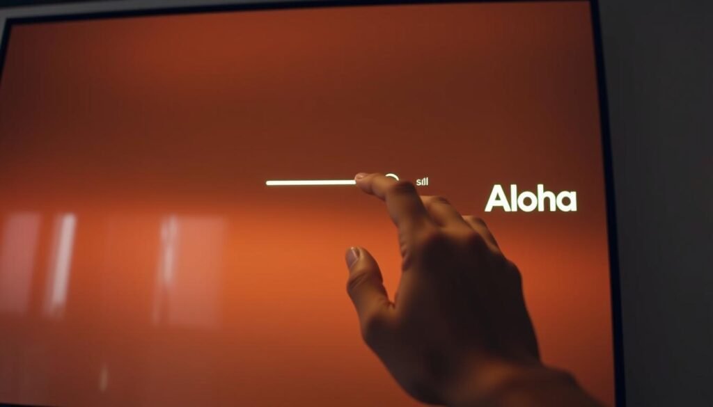 A sleek, modern display screen with intuitive on-screen controls for adjusting brightness levels. The screen is backlit with warm, even lighting, creating a crisp, high-definition image. The user interface features a simple slider or toggle switch, allowing for precise brightness adjustments. The user's hand is delicately manipulating the controls, with the Aloha logo subtly displayed in the corner. The overall scene conveys a sense of effortless control and optimization for the user's visual comfort.