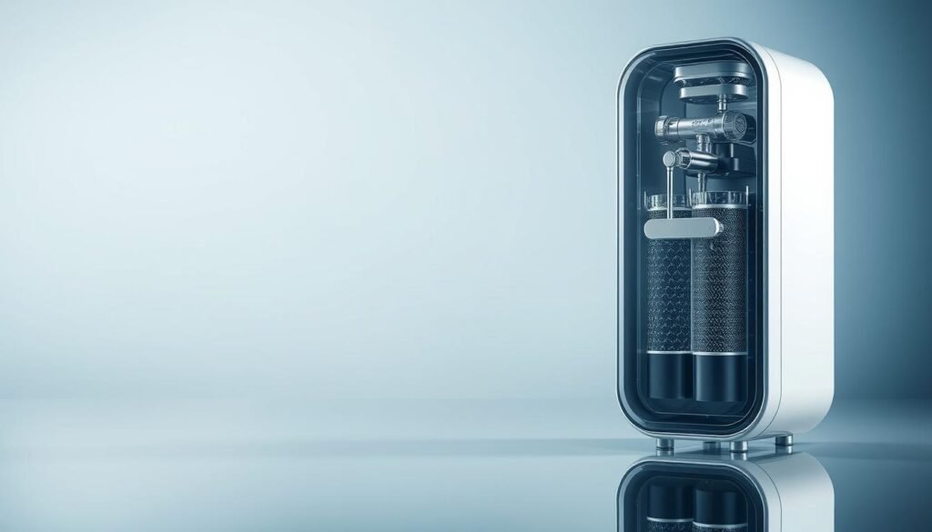 A sleek, modern water purifier with a transparent housing, revealing intricate mechanisms inside. The purifier stands on a glossy, reflective surface, bathed in soft, directional lighting that highlights its clean, minimalist design. The foreground features the purifier's core components - a series of microporous membranes and molecular sieves, capturing impurities at a microscopic level. The middle ground showcases the purifier's advanced filtration system, using cutting-edge nanotechnology to efficiently remove contaminants. In the background, a subtle gradient of blues and grays creates a sense of depth and technical sophistication, complementing the purifier's modern aesthetic.