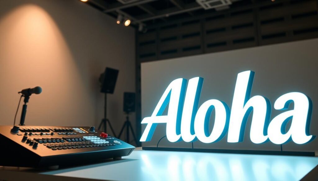 A well-lit LED sign board with the Aloha brand name prominently displayed in the foreground. The sign is positioned at an angle, creating a dynamic and engaging visual composition. The middle ground features a sleek, modern control panel with various buttons and settings, hinting at the technical capabilities of the LED sign. In the background, a softly lit studio environment with neutral tones provides a clean and professional backdrop, emphasizing the versatility and application of the LED sign in various settings. The overall mood is one of sophistication, innovation, and attention to detail, reflecting the advanced features and potential of the LED字幕機.