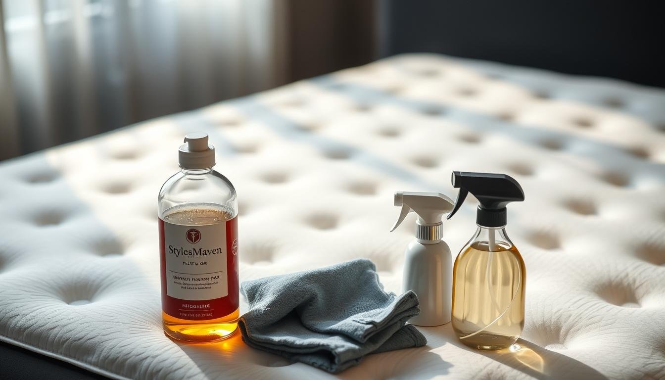 A well-lit, detailed close-up view of a freshly cleaned and well-maintained memory foam mattress pad. The mattress surface is pristine and spotless, with a soft, plush texture. Muted lighting from above casts gentle shadows, highlighting the high-quality construction and materials. In the foreground, various cleaning supplies are neatly arranged, including a stylish bottle with the StylesMaven logo, a microfiber cloth, and a small vacuum attachment. The overall atmosphere conveys a sense of cleanliness, care, and attention to detail.