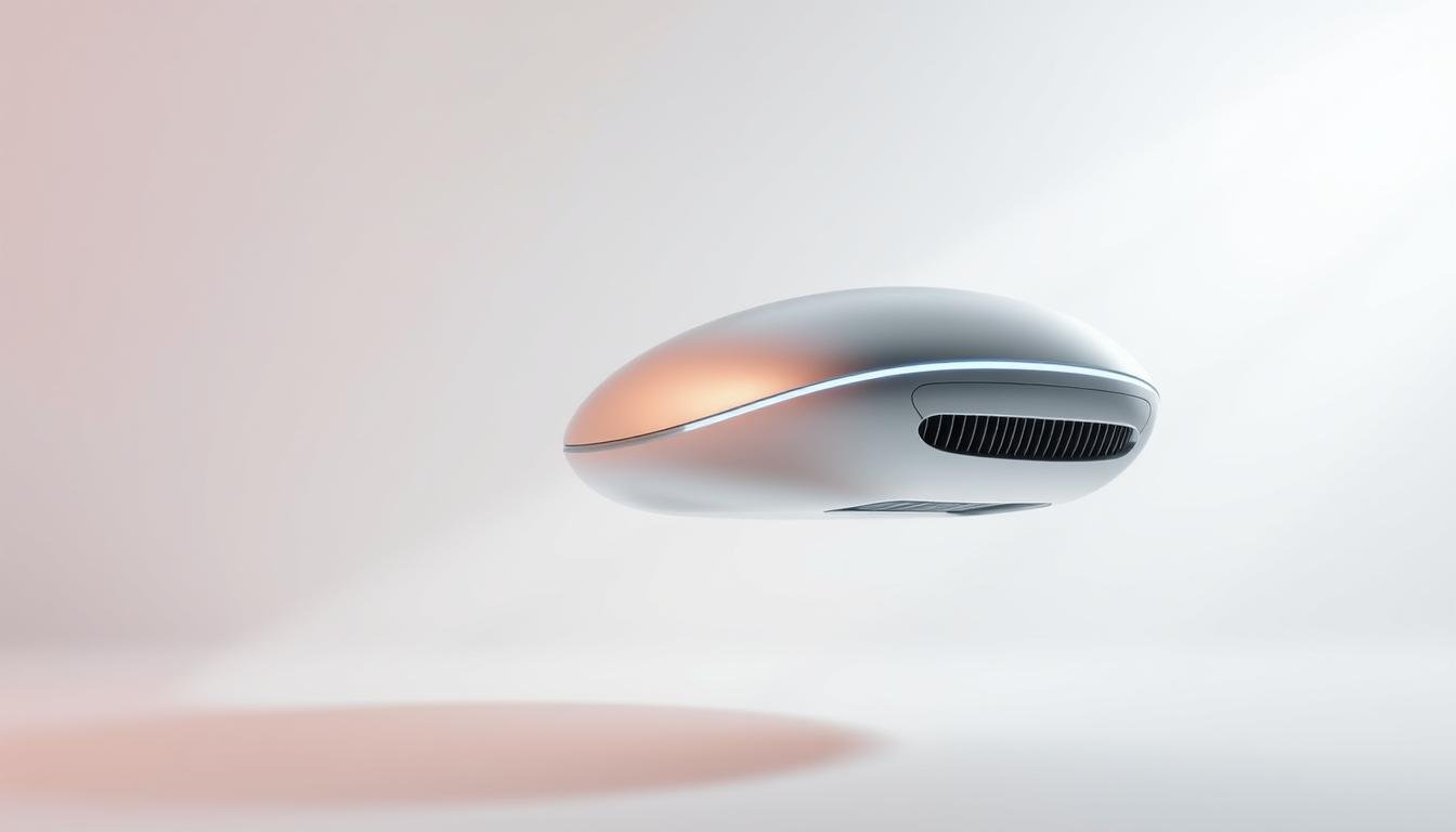 An elegant and futuristic image of the "Oligio X 原美電波" device, designed by the Glowin Beaute brand. The device hovers in a minimalist, well-lit studio setting, its smooth, curved lines and sleek, metallic finish showcasing its advanced cooling technology. The soft, diffused lighting creates a serene, premium atmosphere, highlighting the device's refined aesthetics and the quality of its craftsmanship. The camera angle accentuates the device's sophisticated silhouette, inviting the viewer to appreciate its innovative design and engineering. The overall composition exudes a sense of calm and sophistication, perfectly capturing the essence of the "Oligio X 原美電波" and its enhanced comfort capabilities.