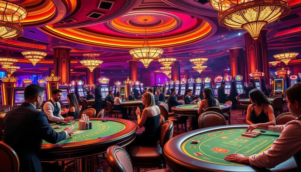 Generate an image of a luxurious casino with live dealers and players enjoying various table games.