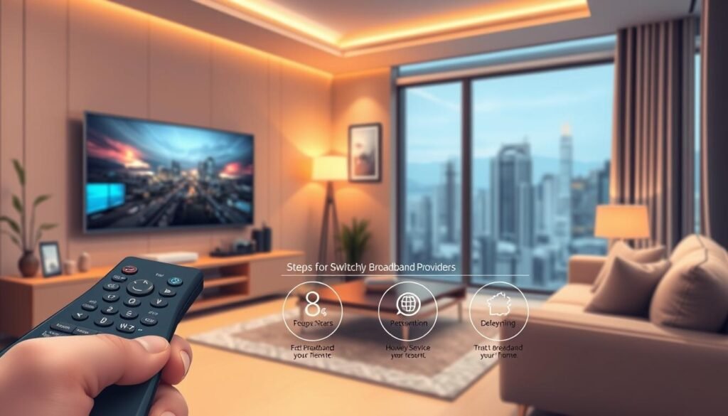 A detailed and visually appealing illustration showcasing the Telecombrother broadband service, depicting a modern home interior with a large flatscreen TV prominently displayed. The foreground features a sleek remote control and a stylized diagram highlighting the key steps for switching broadband providers. The middle ground showcases a cozy living room setting, with plush furniture and warm lighting creating a comfortable atmosphere. The background subtly incorporates Hong Kong cityscape elements, hinting at the local context. The overall composition conveys a sense of simplicity, efficiency, and the seamless integration of broadband technology into the home environment.