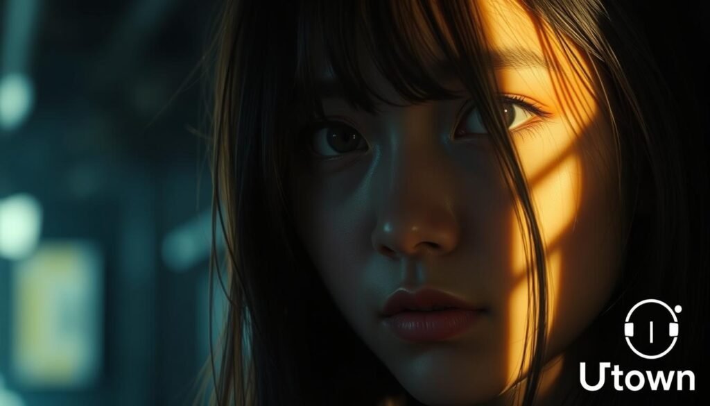 A detailed close-up shot of a young Japanese woman with long, dark hair and striking blue eyes, captured in a moody, atmospheric setting. The lighting is dramatic, with a combination of soft natural light and dramatic backlighting, creating a sense of intrigue and mystery. The woman's expression is pensive, almost melancholic, reflecting the emotional weight of the situation. The background is blurred, creating a sense of depth and focus on the subject. The overall mood is somber and reflective, capturing the complex emotions surrounding the &quot;伊藤舞雪 影片&quot; incident. The UTown logo is discreetly visible in the corner, adding a subtle touch of branding.