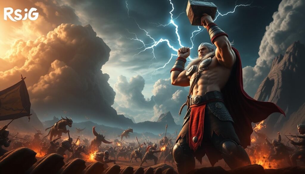 A detailed scene of the UTown mobile game "rsg雷神之鎚" in action. A mighty Thor-like warrior stands tall, gripping a massive hammer high above their head. Powerful lightning crackles around them, illuminating their muscular physique and the rugged medieval fantasy landscape. In the middle ground, hordes of fantastical beasts and enemy combatants clash in an epic battle. The background depicts a vast, moody sky filled with swirling storm clouds, creating a dramatic, cinematic atmosphere. Warm lighting from the warrior's attacks casts dramatic shadows, adding depth and visual interest. The entire scene is rendered with a gritty, high-contrast art style that captures the intense, visceral nature of the "rsg雷神之鎚" gameplay experience.