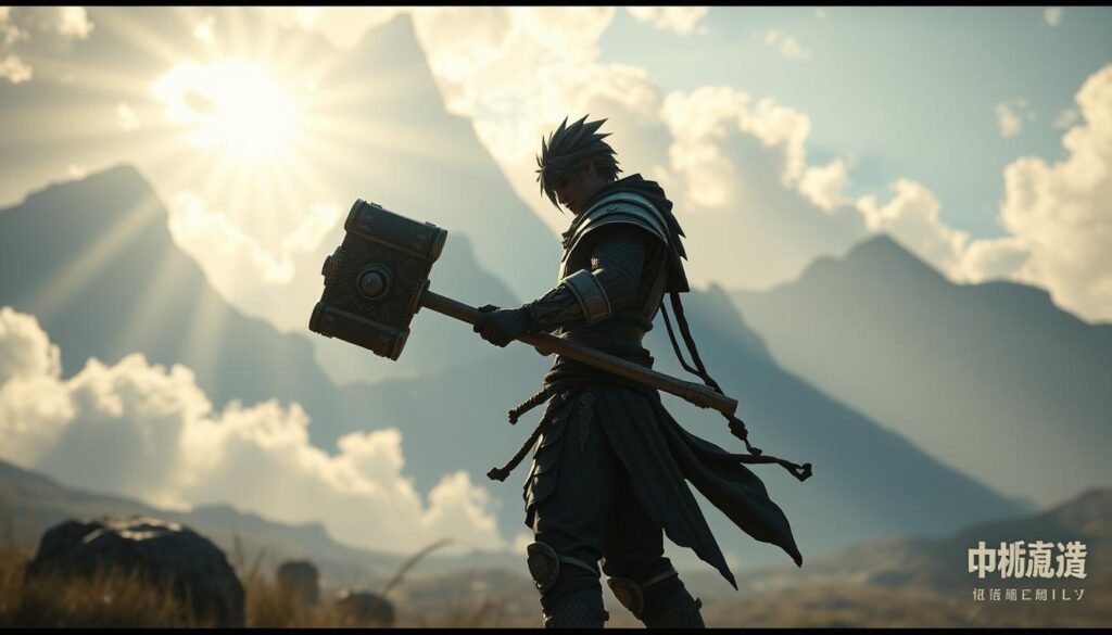A detailed scene showcasing the UTown "rsg雷神之鎚" gameplay in trial mode. A player character stands in a vast, photorealistic fantasy landscape, wielding the powerful mythical hammer. Dramatic lighting, with sun rays piercing through clouds, illuminates the character and the surrounding environment. The character's movements and stance convey a sense of focused determination as they explore the trial mode's features. In the background, imposing mountains and a mystical, ethereal sky create a sense of awe and wonder. The overall composition and attention to detail allow the viewer to immerse themselves in the game's trial experience.