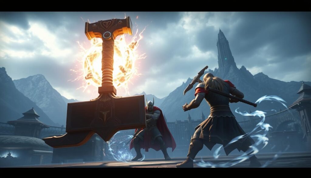 A dramatic, cinematic scene depicting the key features of the "UTown" video game "Thor's Hammer". In the foreground, the mighty Thor's Hammer, glowing with mystical energy, hovers ominously above the game's arena. Behind it, two Thor-inspired warrior characters, detailed in the game's distinctive high-fantasy visual style, engage in an intense battle, surrounded by swirling energy effects and dynamic lighting. In the background, a sprawling, Nordic-inspired game world unfolds, with majestic mountains, towering structures, and a stormy sky overhead, creating a sense of grand, mythological scale. The overall atmosphere conveys the game's focus on high-stakes, action-packed combat centered around the legendary Thor's Hammer.