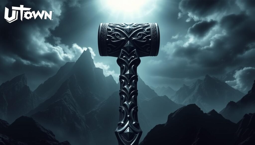 A dramatic, high-contrast scene of the mythical &quot;Thor's Hammer&quot; (雷神之鎚) from the UTown video game. The hammer dominates the foreground, its intricate Norse design and powerful metallic form casting a bold, heroic shadow. In the background, a moody, atmospheric landscape of towering mountains and swirling storm clouds, hinting at the game's fantastical setting. Dramatic lighting from above creates dramatic highlights and shadows, emphasizing the hammer's imposing presence. The overall mood is one of epic fantasy and strategic gameplay, reflecting the &quot;five key tips to master Thor's Hammer&quot; described in the article.