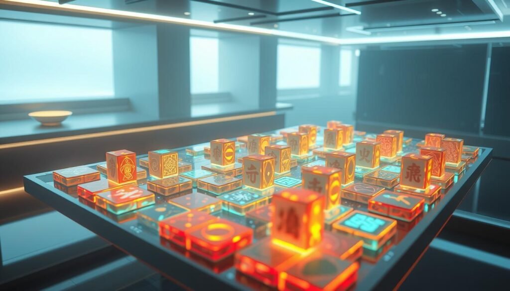 A futuristic mahjong game board floating in a sleek, minimalist UTown setting. Vibrant holographic tiles levitate in an array, their surfaces shimmering with dynamic patterns. Soft, ambient lighting casts a serene glow, while a subtle sense of anticipation permeates the scene. The camera angle is slightly elevated, providing a bird's-eye view of the game's innovative mechanics. The overall atmosphere evokes a vision of mahjong's evolution, blending tradition with cutting-edge technology to create an immersive, seamless gaming experience.