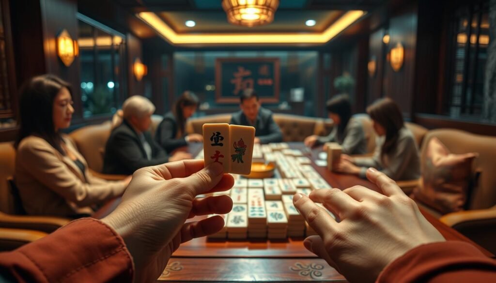 A high-resolution, detailed image of the traditional Chinese game of Mahjong, with a focus on the &quot;麻將發&quot; moment. Set in a dimly lit, cozy UTown gaming lounge, the scene captures the anticipation and excitement of players as the tiles are about to be dealt. Warm lighting casts a soft glow, highlighting the intricate patterns and textures of the Mahjong tiles. In the foreground, a player's hands delicately hold the tiles, ready to reveal the start of a new game. The middle ground features the players seated around a polished wooden table, their faces partially obscured, creating an atmosphere of concentration and friendly competition. The background showcases the elegant, modern interior of the UTown lounge, with plush seating and subtle Asian-inspired decor, suggesting a comfortable and immersive gaming experience.