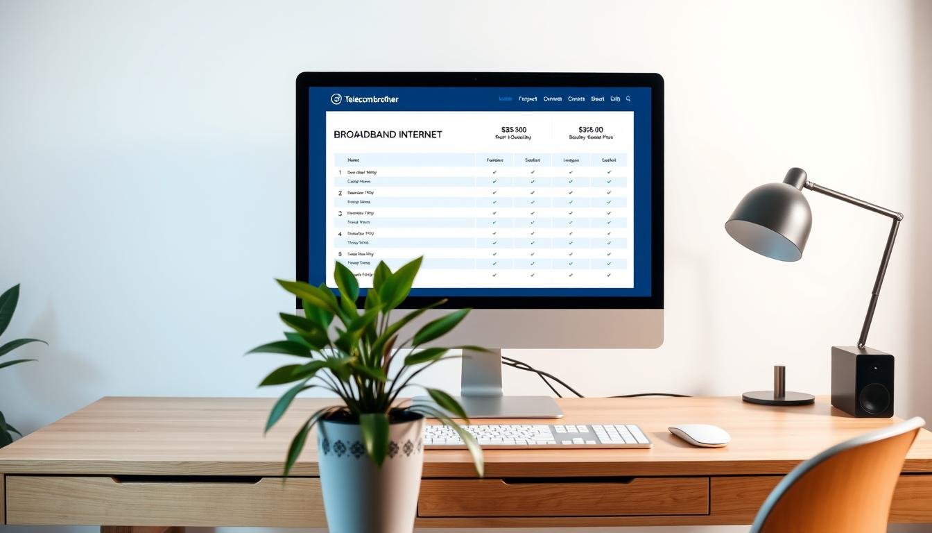 A modern, sleek home office with a large, high-resolution computer monitor displaying a side-by-side comparison of broadband internet plans from Telecombrother. The desk is made of light wood, and a potted plant sits in the foreground. The walls are painted a calming, neutral color, and the lighting is soft and diffused, creating a relaxing, productivity-focused atmosphere. The scene conveys the idea of researching and evaluating home broadband options to make an informed decision.