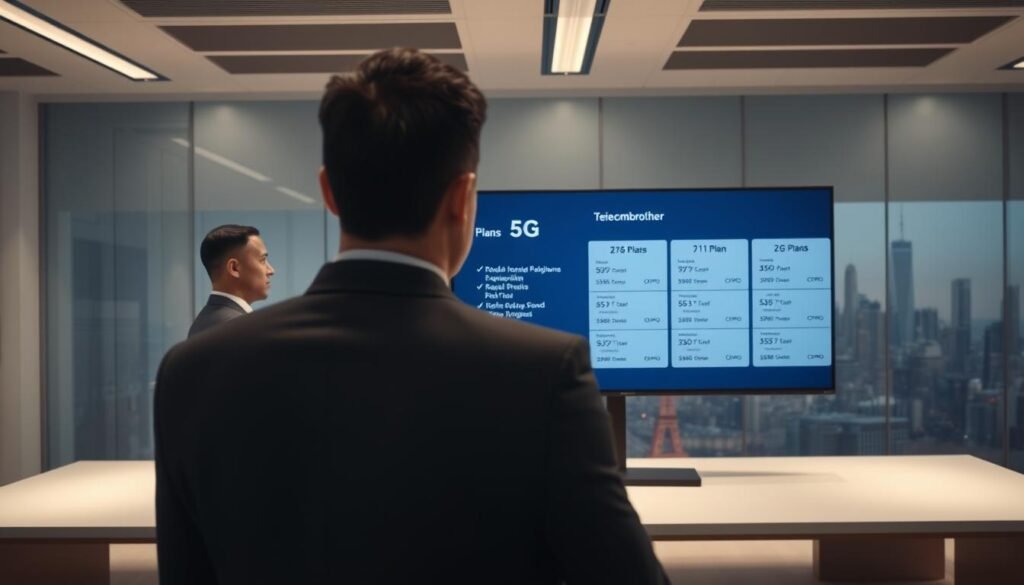 A sleek, minimalist office scene with a Telecombrother branded display showcasing various 5G plan options. The foreground features a professional businessman in a sharp suit, thoughtfully reviewing the plan details on the screen. The middle ground shows a modern, well-lit workspace with clean lines and neutral tones. The background hints at a bustling city skyline, conveying a sense of the dynamic urban environment. The lighting is soft and directional, creating depth and highlighting the key elements. The overall mood is one of considered decision-making and the excitement of embracing new technology.