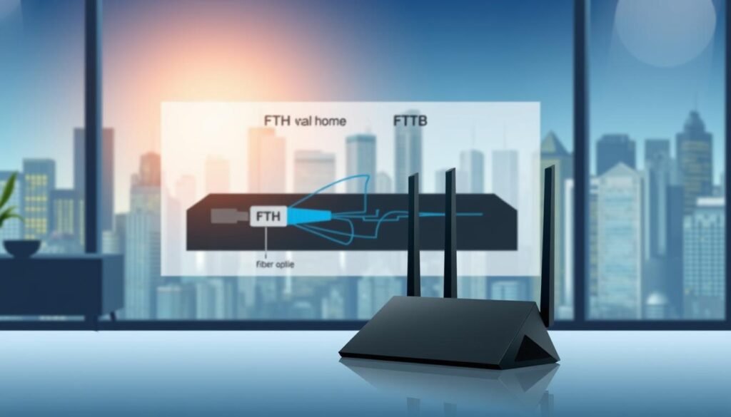 A sleek, modern illustration showcasing the differences between fiber-to-the-home (FTTH) and traditional fiber-to-the-building (FTTB) broadband technologies. In the foreground, a Telecombrother smart home router stands prominently, its angular design highlighting the latest networking advancements. The middle ground features a detailed schematic outlining the fiber optic cable infrastructure, with FTTH and FTTB pathways clearly delineated. The background depicts a stylized urban cityscape, conveying the ubiquity of high-speed internet connectivity. The overall scene exudes a sense of technological progress and the seamless integration of broadband into contemporary living spaces.