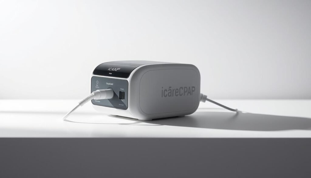 A sleek, portable iCareCPAP sleep apnea machine resting on a minimalist white surface. The device is illuminated by soft, directional lighting, casting subtle shadows that accentuate its streamlined design. The background is a clean, muted gradient, allowing the machine to be the focal point. The machine's control panel and air hose connections are clearly visible, showcasing its international voltage compatibility for travel use. The overall composition conveys a sense of modern, high-tech medical equipment designed for convenience and ease of use.