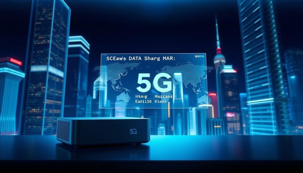A sleek, professional 5G plan illustration for business executives. In the foreground, a Telecombrother 5G device with a crisp, minimalist design. The middle ground features a holographic display showcasing seamless data sharing between Hong Kong, Macau, and mainland China. The background depicts a modern city skyline, with towering skyscrapers and a vibrant, futuristic atmosphere. Lighting is dramatic, with a cool, blue-tinted hue casting an air of sophistication. The composition is balanced and visually striking, capturing the key elements of a high-performance 5G plan tailored for the discerning business professional.