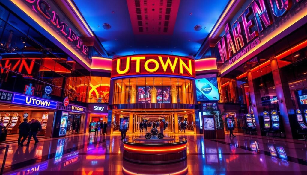 A vibrant and modern UTown entertainment center, bathed in warm lighting and gleaming surfaces. Sleek glass facades reflect the bustling streets outside, while the interior exudes an atmosphere of luxury and excitement. Guests are drawn in by the enticing signage and inviting atmosphere, eager to explore the exclusive features - no need for ID verification or excessive wagering requirements. This high-end gaming destination offers a unique, hassle-free experience that caters to the discerning preferences of its patrons.