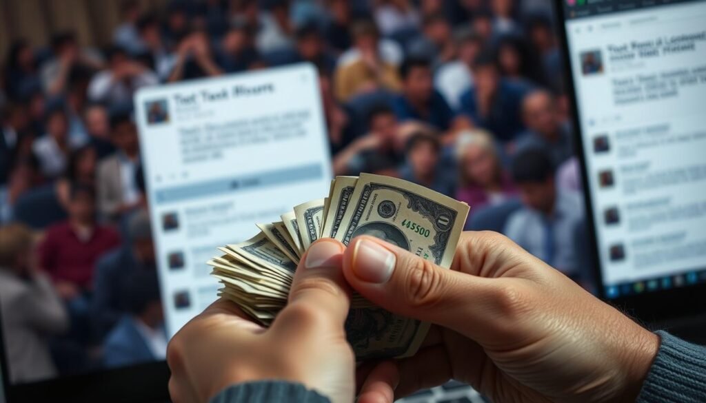 A close-up shot of a person's hands counting a stack of cash, against a blurred background of a crowded online forum with questionable financial advice. The lighting is slightly muted, conveying a sense of unease. The lens is slightly wide, emphasizing the tactile nature of the money handling. The overall mood is one of cautious scrutiny, hinting at the need to critically evaluate online recommendations regarding private lending.