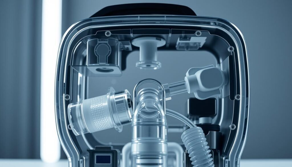 A highly detailed, photorealistic image of the inner components and material construction of an iCareCPAP sleep apnea breathing machine. The foreground features the machine's main body, with a transparent casing revealing the intricate arrangement of precision engineered plastic, silicone, and metal parts. The middle ground showcases the machine's air intake and output ports, as well as the flexible tubing and face mask. The background depicts a minimalist, well-lit medical or laboratory setting, highlighting the machine's sleek, modern design and high-tech functionality. The overall tone conveys a sense of innovation, quality, and confidence in the iCareCPAP's advanced sleep technology.