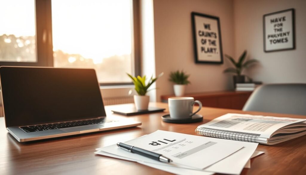 A neatly organized office desktop with a laptop, financial documents, and a calculator. Warm natural lighting from a nearby window creates a professional yet approachable atmosphere. In the foreground, a stack of papers titled "民間貸款推薦" sits alongside a pen and a cup of coffee. The middle ground features a sleek, modern desk with clean lines, complemented by a potted plant and a framed motivational artwork on the wall. The background showcases a minimalist, contemporary interior design with muted color tones, adding a sense of sophistication to the scene.