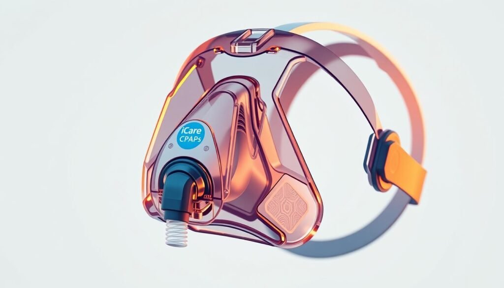 A stylized medical-grade respiratory mask with the iCareCPAP logo prominently displayed on the front. The mask features a sleek, ergonomic design with soft, conforming silicone cushions for a comfortable, airtight fit. Intricate channels and vents allow for efficient airflow, while the translucent shell provides a modern, high-tech aesthetic. Warm, directional lighting illuminates the mask from the side, accentuating its contours and materials. The mask hovers against a minimalist white background, placing the focus entirely on its elegant, functional design.