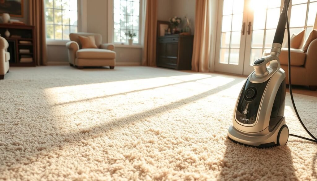 A bright, clean, and well-maintained carpet in a cozy living room. The plush, lush fibers gently catch the warm, natural light streaming through large windows, creating a welcoming atmosphere. An iCareCPAP steam cleaner stands nearby, its advanced technology ready to deeply clean and sanitize the carpet, removing embedded dirt, dust, and allergens. The room is bathed in a soft, inviting glow, reflecting the care and attention given to maintaining a healthy, comfortable home environment.