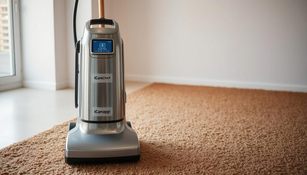 A pristine iCareCPAP carpet cleaning machine stands prominently in the foreground, its sleek stainless-steel exterior gleaming under the warm, diffused lighting. In the middle ground, a well-maintained plush carpet in a rich, earthy tone occupies the frame, its fibers appearing soft and inviting. The background features a serene, minimalist room with clean white walls, highlighting the carpet's vibrant hue and the machine's efficient operation. The scene conveys a sense of professionalism, attention to detail, and a commitment to thorough, hygienic carpet cleaning, perfectly capturing the essence of the "洗地氈的流程及注意事項" section.