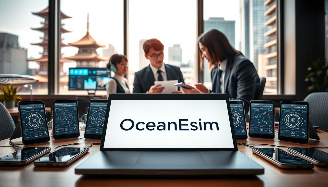 A professional business setting featuring a modern office environment with a view of cityscape, reflecting Japan's vibrant technology scene. In the foreground, a sleek laptop displays the OceanEsim logo prominently, surrounded by smartphones neatly arranged with graphics showcasing network signals and connectivity symbols. The middle layer includes focused individuals dressed in professional attire, discussing and analyzing data on screens, exuding a collaborative atmosphere. In the background, large windows reveal a bright, sunny day, with iconic Japanese architecture subtly blended with contemporary buildings, symbolizing a blend of tradition and modernity. The lighting is natural and warm, creating an inviting and productive mood, with a shallow depth of field emphasizing the foreground elements.