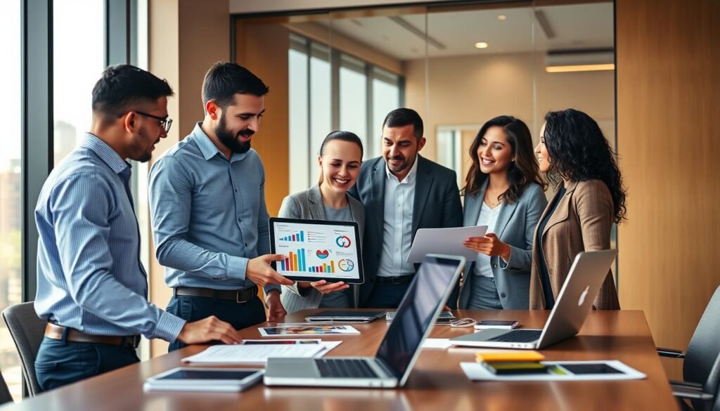 A professional setting depicting a diverse team of businesspeople brainstorming an advertising strategy for a new product launch. In the foreground, a group of four individuals—two men and two women—are engaged in animated discussion while reviewing colorful charts and graphs on a modern digital tablet. The middle ground features a sleek conference table adorned with laptops and marketing materials. In the background, a large window provides natural light, illuminating a city skyline, symbolizing the dynamic market landscape. The scene conveys a sense of urgency and focus, with warm, inviting lighting to create a collaborative atmosphere. The image should be captured from a slightly elevated angle, emphasizing teamwork and strategic planning without any text or branding elements.